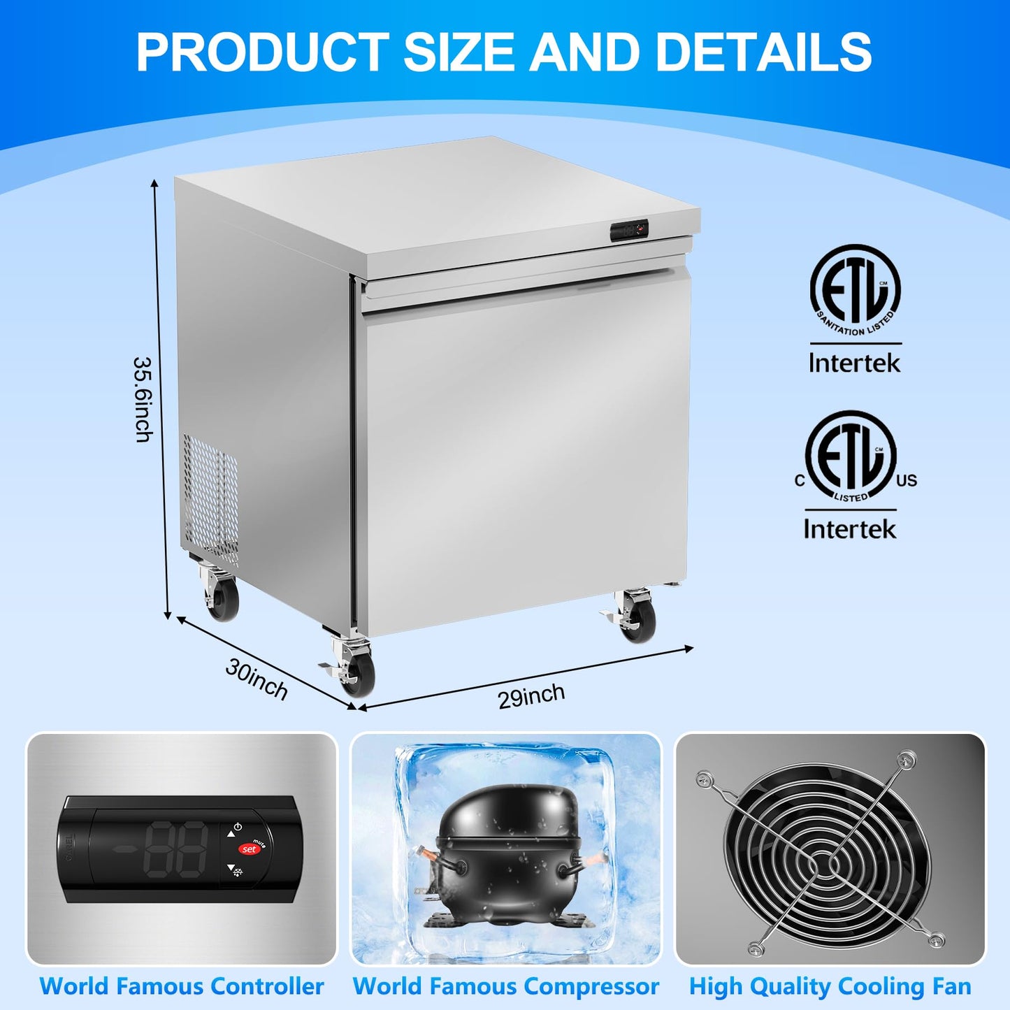 Rockitch 29" W Commercial Undercounter Freezer, 6.7 Cu.ft Single Door Worktop Under Counter Freezer, Stainless Steel Commercial Kitchen Freezing Equipment for Restaurant, Bar, Shop, etc.