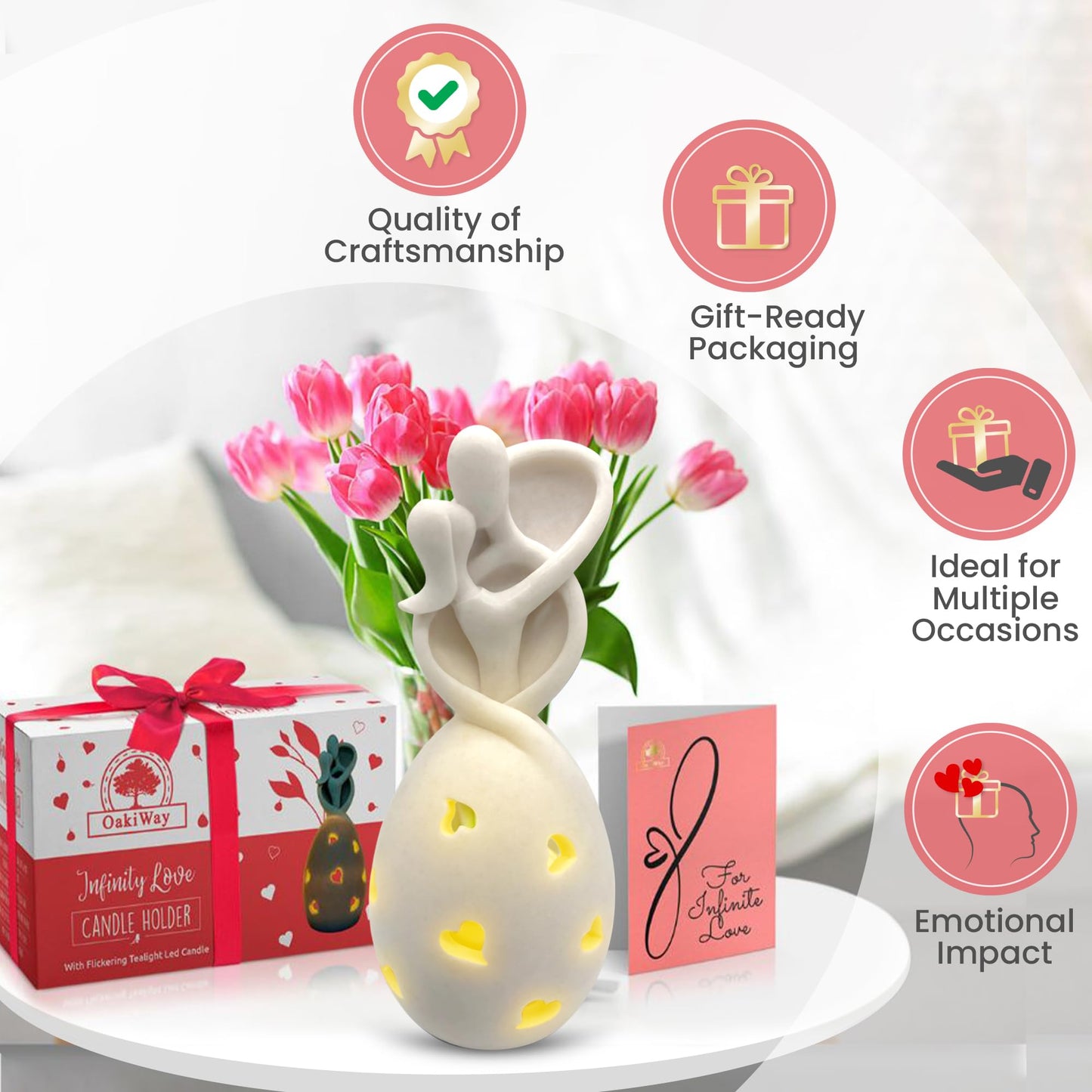 Infinity Love Candle Holder Statue with Flickering LED Candle for Couples, Wife, Husband, Him or Her, Bridal Shower, Engagement, Parents, Registry