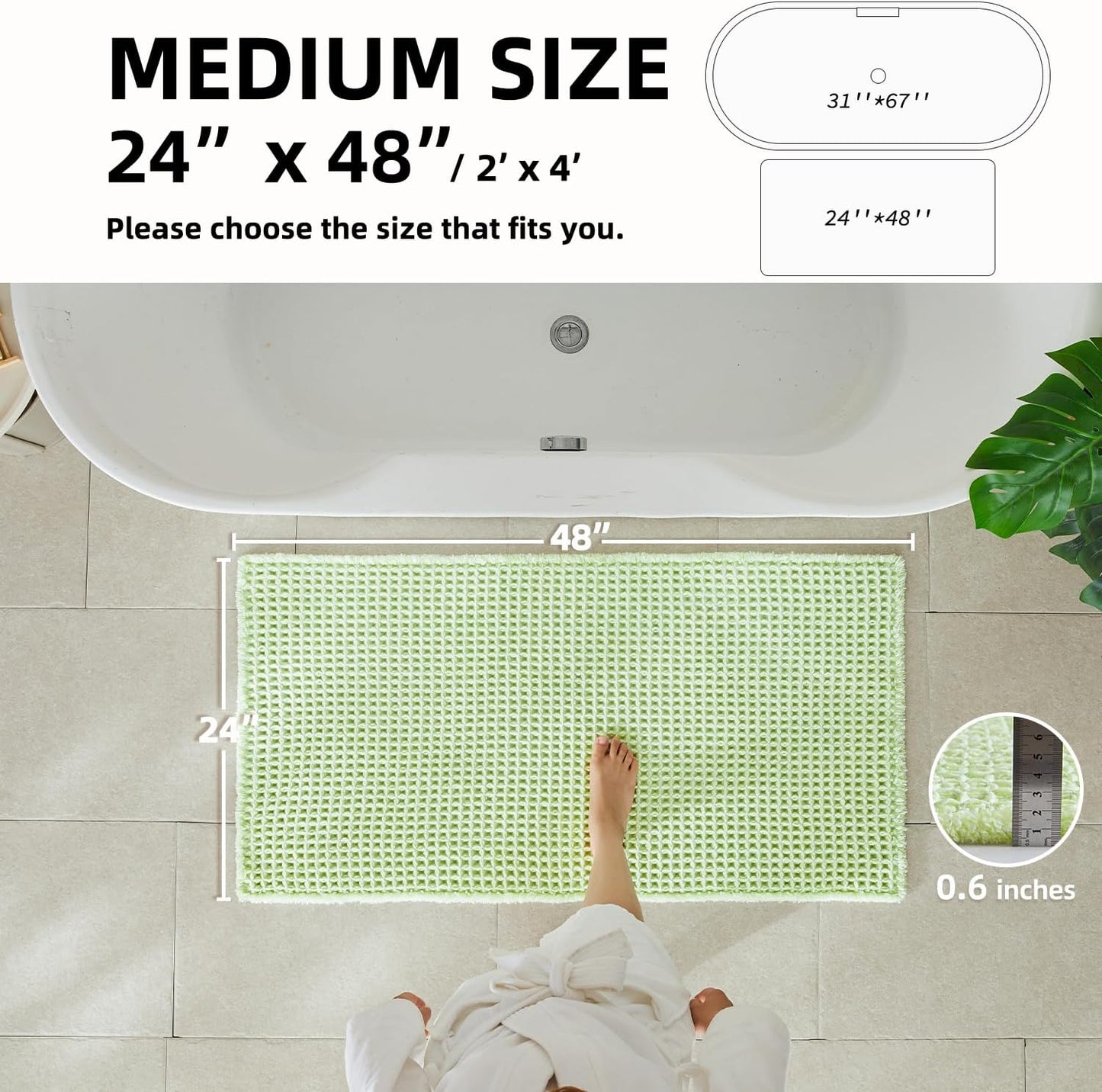 Waffle Bath Mat, Boho Bathroom Rugs Non Slip Washable Super Absorbent Quick Dry Cute Bath Mat Farmhouse Bathroom Decor, 48"x24" Pale Green
