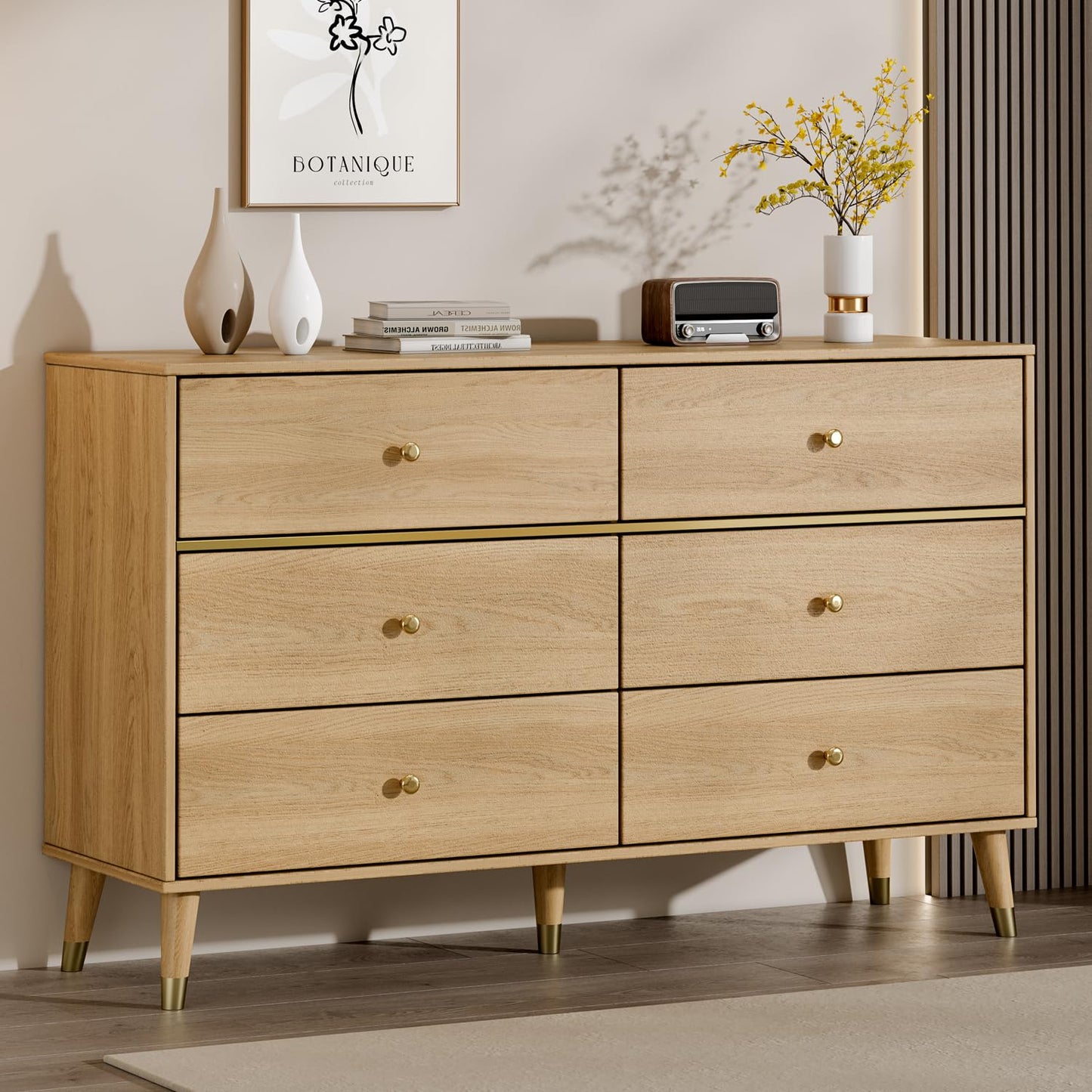 Chrangmay 6 Drawer Dresser,47" Wide Mid Century Modern Chest of Drawers,Wooden Bedroom Drawer Dresser with 6 Storage Drawers for Bedroom,Living Room,with Anti-Tipping Device,Wood