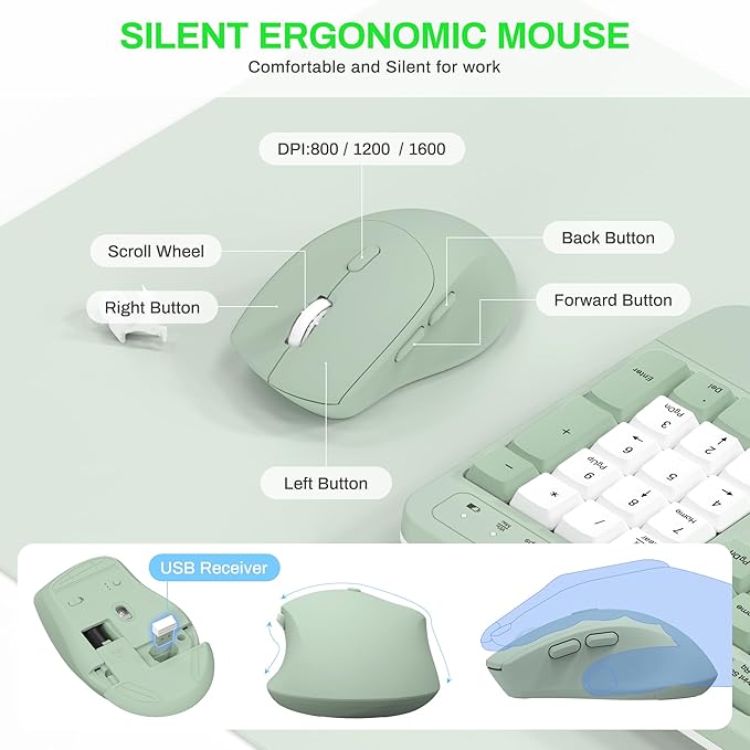 Wireless Keyboard and Mouse Combo,2.4G Full Size Wave Keys Ergonomic Keyboard with Wrist Rest for Natural Typing, 3 DPI Adjustable Ergonomic Mouse for Computer/Laptop/Windows/Mac (Avocado Green-B)