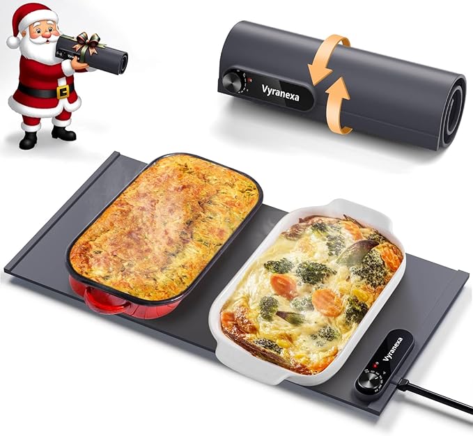Warming Mat for Food - Space-Saving, Fits Two Baking Dishes, 7 Temp Settings, 4h Auto Shut-Off, Durable Silicone Surface, Easy to Clean, Perfect for Parties and Everyday Use (Gray, Medium)