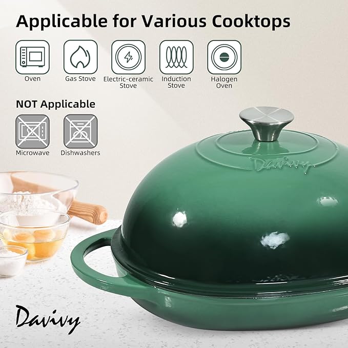 Davivy 6QT Enameled Oval Dutch Oven for Sourdough Bread Baking with Lid, Oval Cast Iron Bread Pan with Silicone Baking Mat, Cast Iron Sourdough Baking Pan - Forest Green