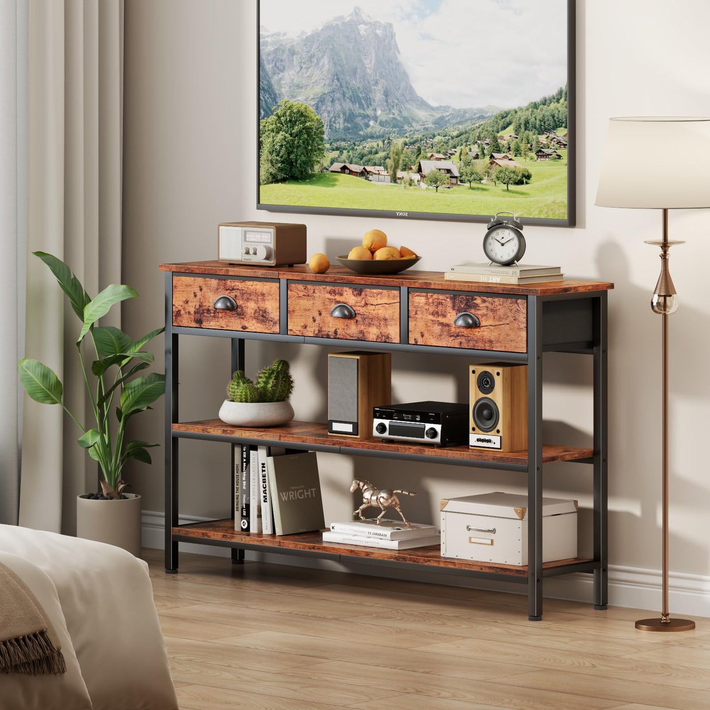 Furologee Long 47" Console Sofa Table with 3 Drawers, Entryway Table with 3-Tier Storage Shelves, Industrial Display Shelf for Entry Way, Hallway, Couch, Living Room, Kitchen, Foyer, Rustic Brown