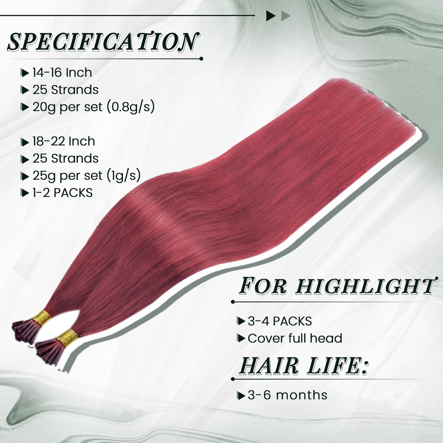 RUNATURE I Tip Hair Extensions Real Human Hair I Tip Extensions Burgundy I Tip Human Hair Extensions for Highlight Long Remy Hai