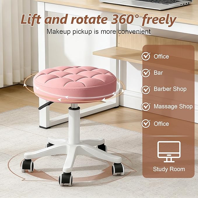 JPBSTO Small Rolling Stool with Wheels, PU Leather Height Adjustable Vanity Work Task Stool, 360 Swivel, Padded Seat Cushion, for Salon, Home, Office