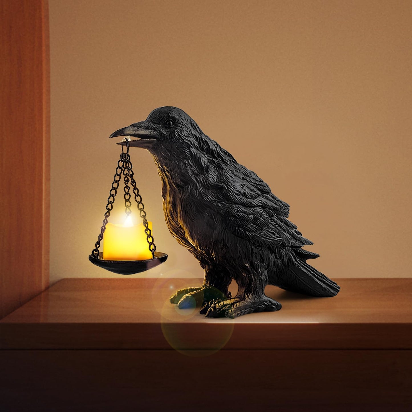 Gothic Home Decor Fake Crow Light Holder Halloween Decorations Indoor Raven Lamp Tealight Candle Holder Resin Statue Black