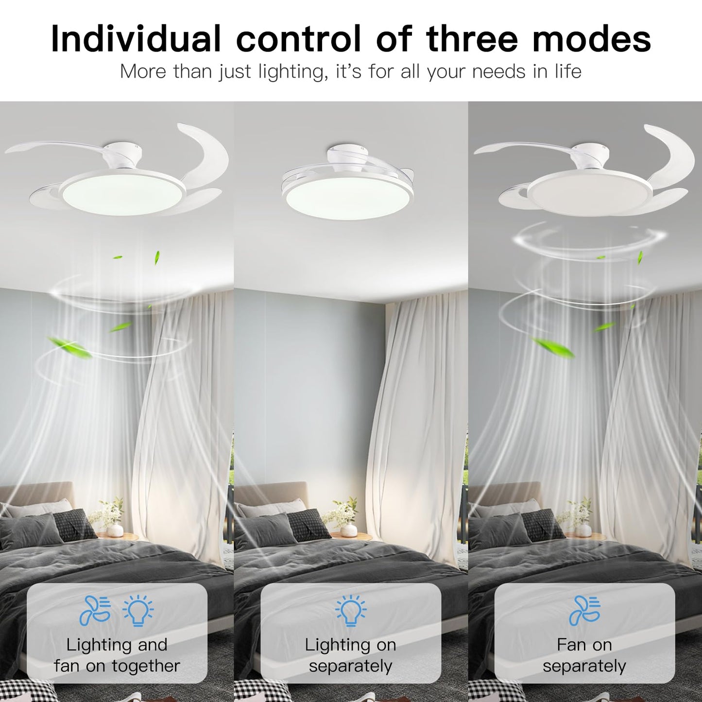 AHAWILL 48'' Retractable Ceiling Fan,Full Spectrum Low Profile Ceiling Fan with Light and Remote,Modern White Fan for Dinning Room Living Room Bedroom,Retractable Blades,Dimmable,Timer Setting