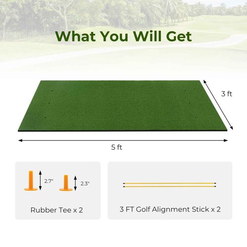 GYMAX Golf Mat, Artificial Turf Golf Hitting Mat w/ 2 Alignment Sticks & 2 Rubber Tees, Thick Golf Practice Mat Training Aid for Backyard, Golf Chipping Swing Mat for Indoor/Outdoor (5 x 3 ft, 32 mm)