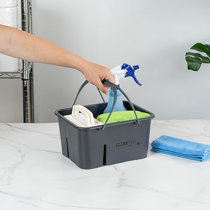 Restaurantware-Clean Tek Professional Cleaning Caddy, 1 Cleaning Supply Caddy With Handle - 4 Compartment, Multipurpose, Gray Plastic, All-Purpose, For Bathroom, Bedroom, Kitchen, Or Garden