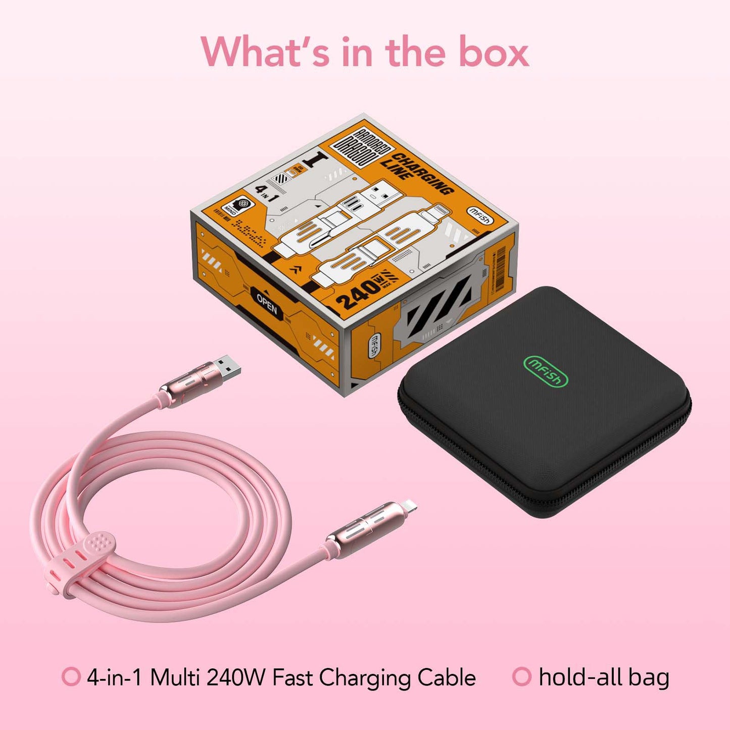 MFish 4-in-1 Universal Multi USB Charging Cable – 240W Max Fast Charger Cord with Multiple Connectors for iPhone 16/15/14/13, iPad, Samsung, MacBook, Tablets & More (Pink, 6.6Ft)