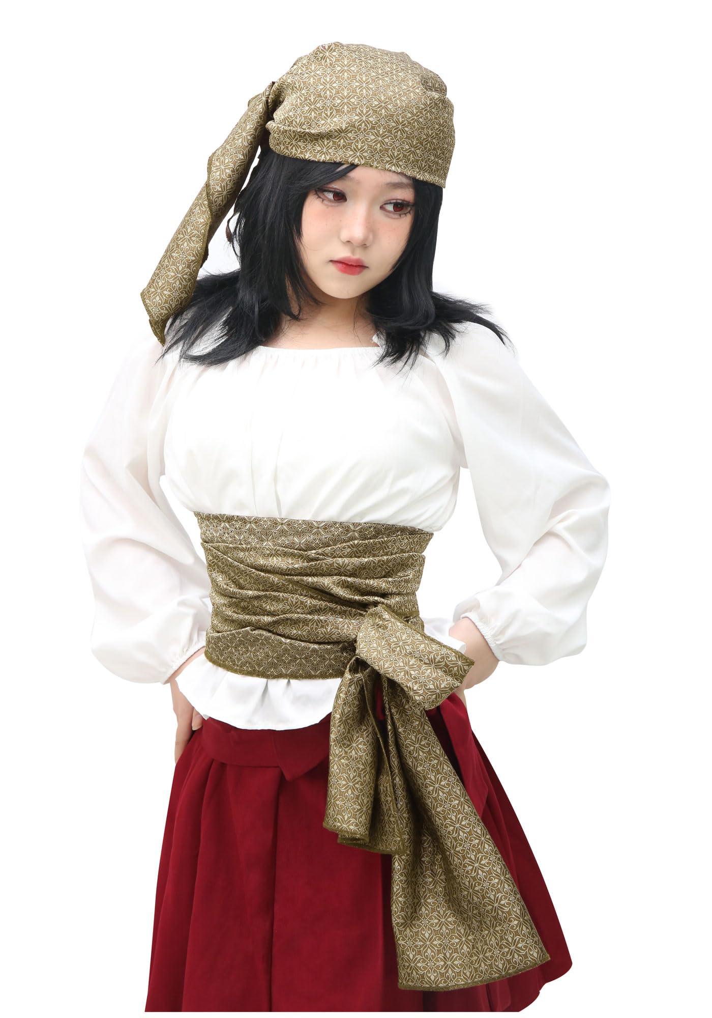 KUOIN Pirate Sash Bandana 2 PCS, Medieval Linen Costume Accessory Waist Belt Headband Head Scarf (Brocade-03)
