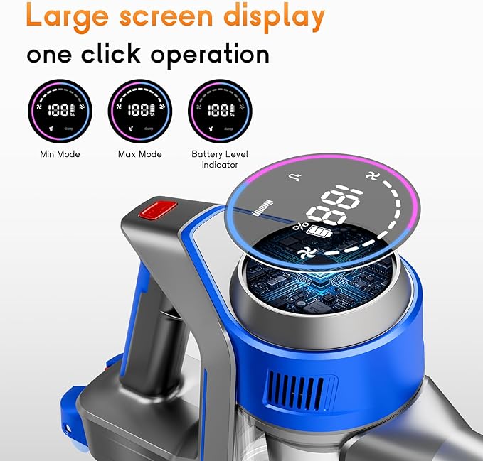 Cordless Stick Vacuum Cleaner - Rechargeable, 35Kpa Powerful Vacuums with Detachable Battery, LED Display, 45Mins Runtime, 8 in 1 Handheld Vacuum for Hardfloor & Carpets Pet Hair, Blue