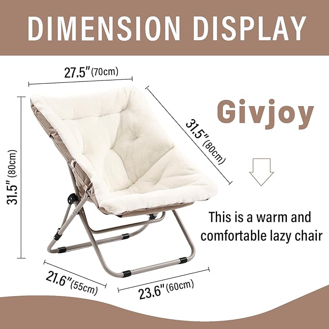 Givjoy Living Room Chair, Soft Faux Fur Folded Chair Oversized Folding Accent Chairs, Furry Lounge Lazy Chairs, Metal Frame Moon Chair for Bedroom, Living Room