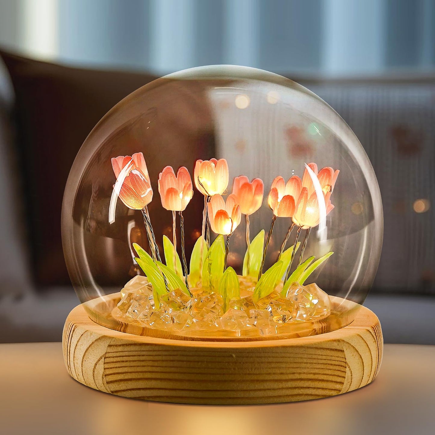 ONXE Birthday Flower Gifts for Mom,Tulips Night Light Small Glass Flower Lamp with Wooden Base for Home Decor Romantic Unique Christmas Gift for Women Girlfriend Sister Grandma Wife Her