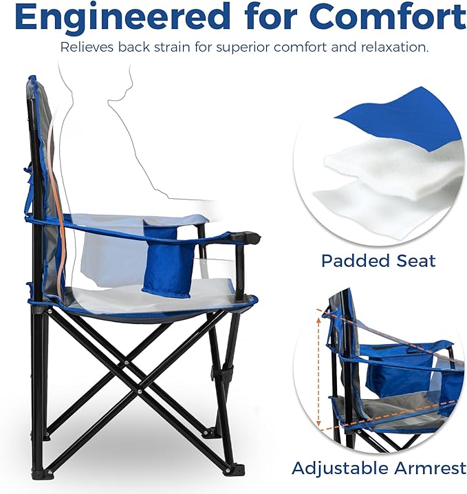 Matrasco Oversized Padded Camping Chair, Heavy-Duty Steel Frame for 450 lbs Supports, Convenient 6-Can Cooler, Portable Carry Bag, Perfect for Outdoor, Beach, and Hiking (Gray & Sapphire Blue)