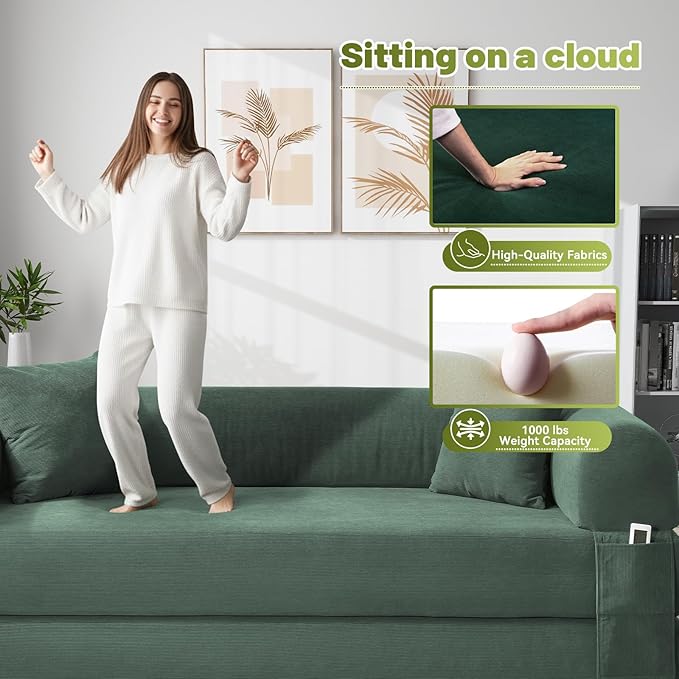 GJQ 80" Convertible Sofa Bed,Corduroy Folding Sleeper Sofa Bed Queen with Pillows & Storage,Modular Pull Out Couches Boneless Couch for Living Room,Compressed Couch in a Box,Light Green