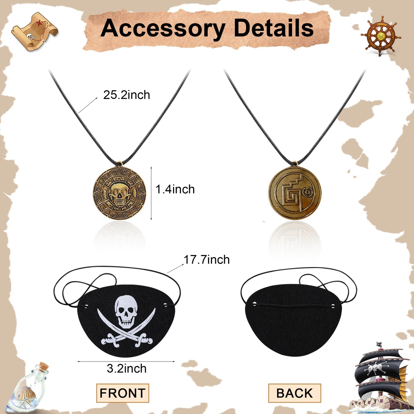 Pirate Accessories Women Men Pireate Hat Head Scarf Sash and Pirate Eye Patch Necklace 4 Piece Pirate Costume Cosplay Waist Belt Bandana Headband Red