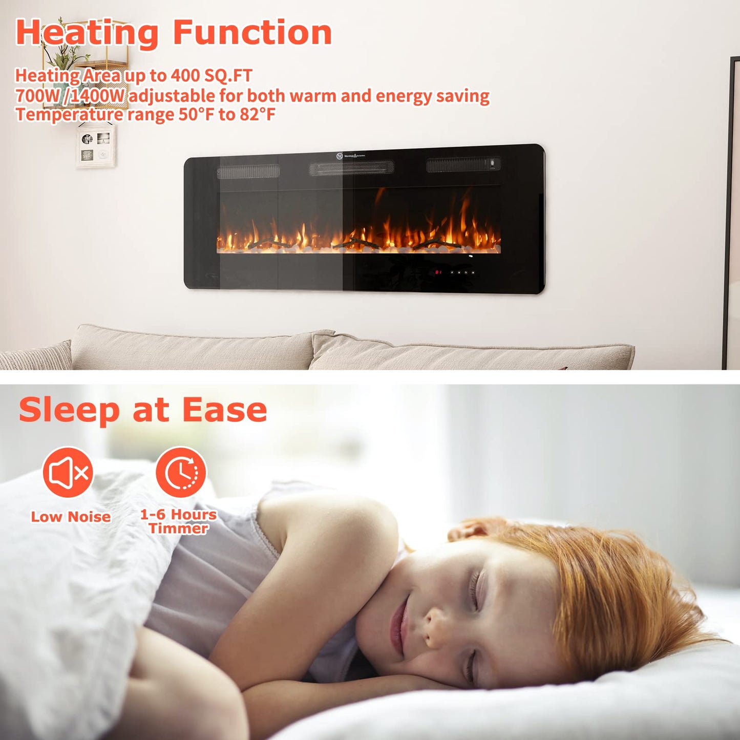 FODINGHILL 60" Insert Wall Mounted Electric Fireplace, Low-Noise Fireplace Heater Mantel Features a Touch Screen, Remote Control with Timer, Adjustable Flame Color, 700W / 1400W