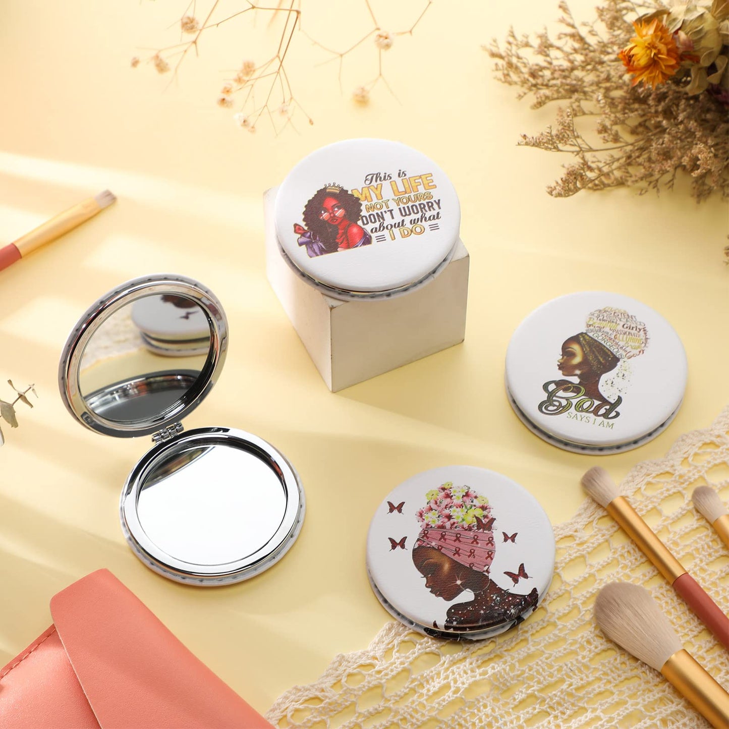 Fumete 4 Pcs African Women Compact Travel Makeup Pocket Mirror for Purse Mini Compact Small Double Sided Folding Mirror Portable
