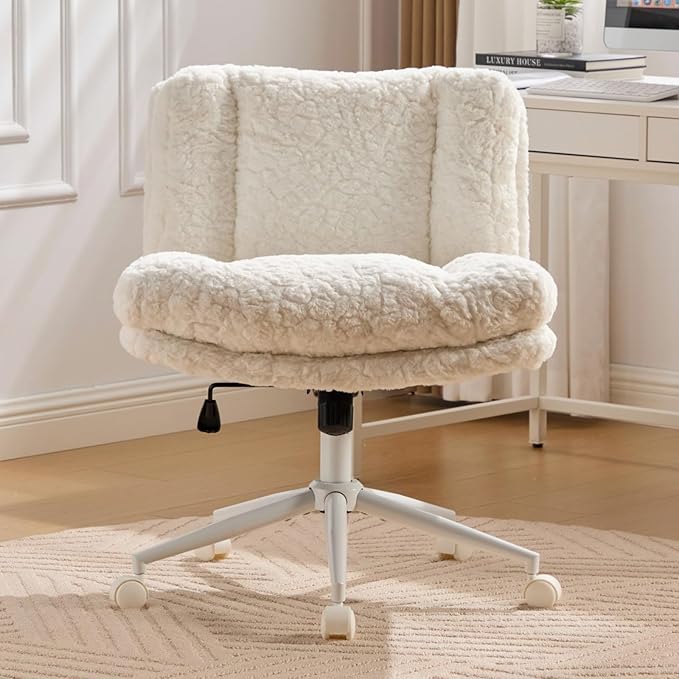 Cross Legged Office Chair with Wheels, Comfy Armless Office Chair with Extra-Deep Seat & 2-Layer Cushions, Adjustable Height, Tilt-Back Swivel Faux Fur Vanity Chair for Home Office, Cream
