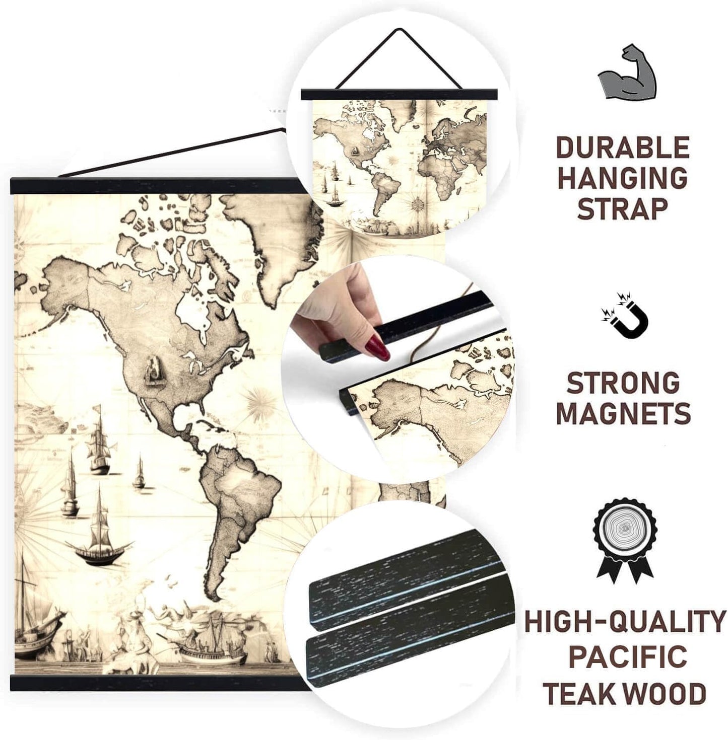 DACRI HOME 74" Magnetic Poster Hanger Frame - Sturdy Teak Wood Poster Frame, Strong Magnets for Safe Hanging Map Picture Print Scroll Wall Art 74x26 74x36 74x48 (74 Inch, Black)