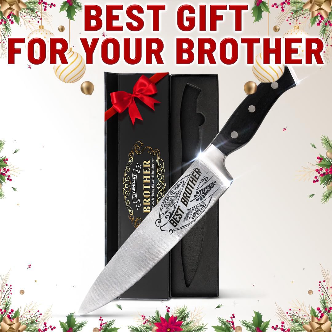 CUTLINX Premium Chef Knife Gift - Engraved BEST BROTHER - 8" Stainless Carbon Steel Kitchen Knive w/Pakka Wood Handle - Birthday, Father's Day, Christmas, Anniversary, or Housewarming Gifts