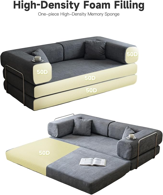 No Assembly Convertible Sofa Bed & 79" Boneless Couch with Pocket , 5-in-1 Futon Sofa Bed with 2 Pillows Modular Pull Out Couch Bed with Frame,Compression in Box for Living Room Small Spaces Grey