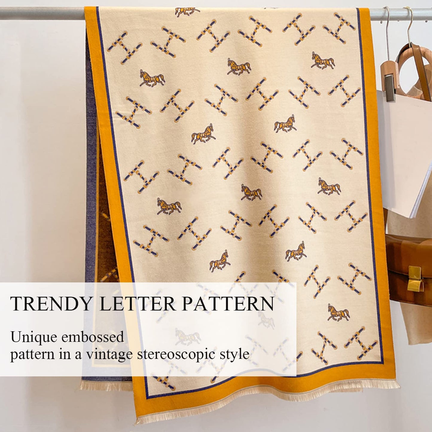 LumiSyne Winter Scarf Cashmere Shawl Women Retro Horse Letter Pattern Warm Pashmina Scarves With Tassel Soft Long Wrap Stole