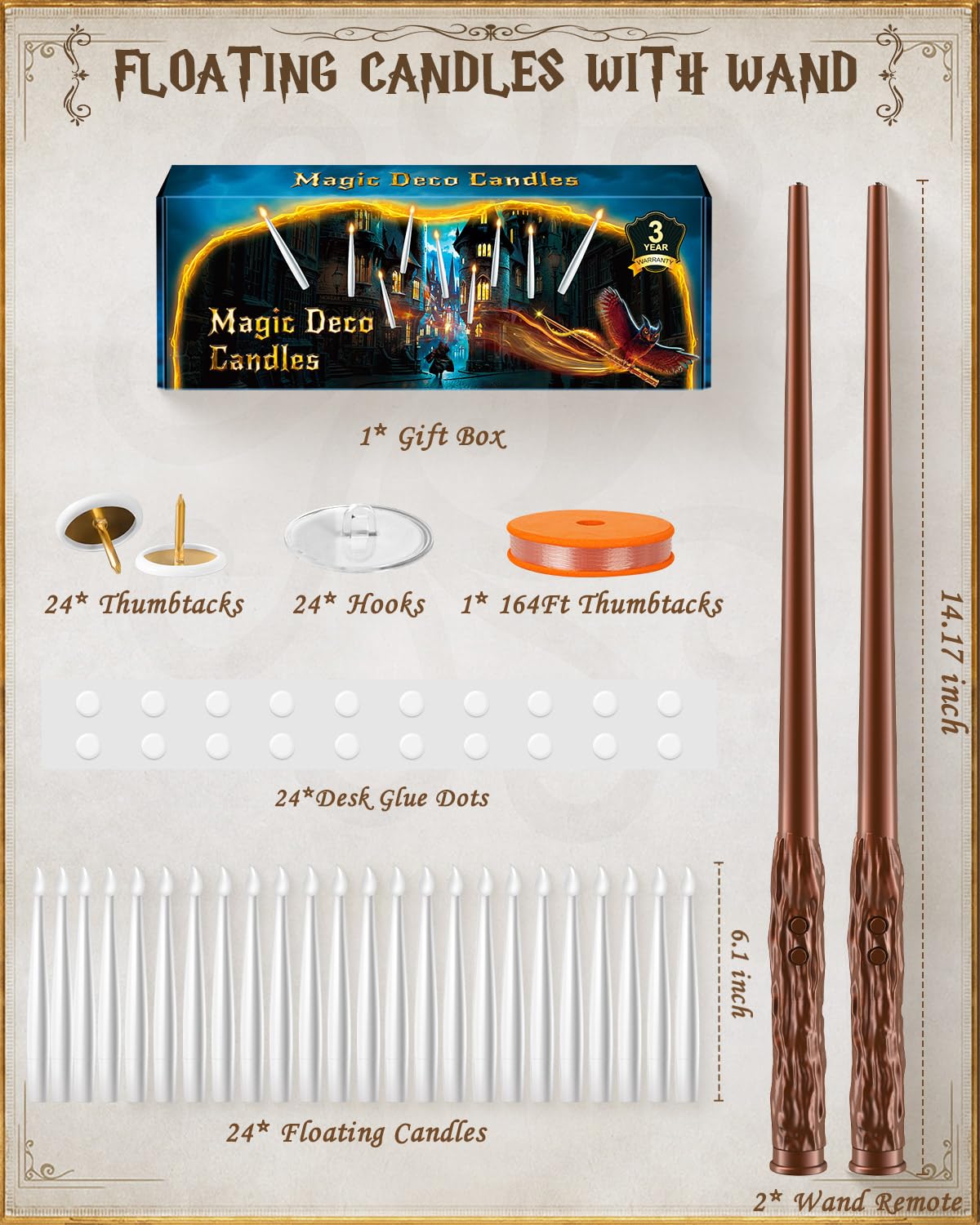 TLPUHU 24 Pack Floating Candles with Wand Remote -Christmas Hanging Candle,Magic Flameless Taper Candles Floating Lights Gifts for Halloween Decorations Wedding Birthday Party Decor