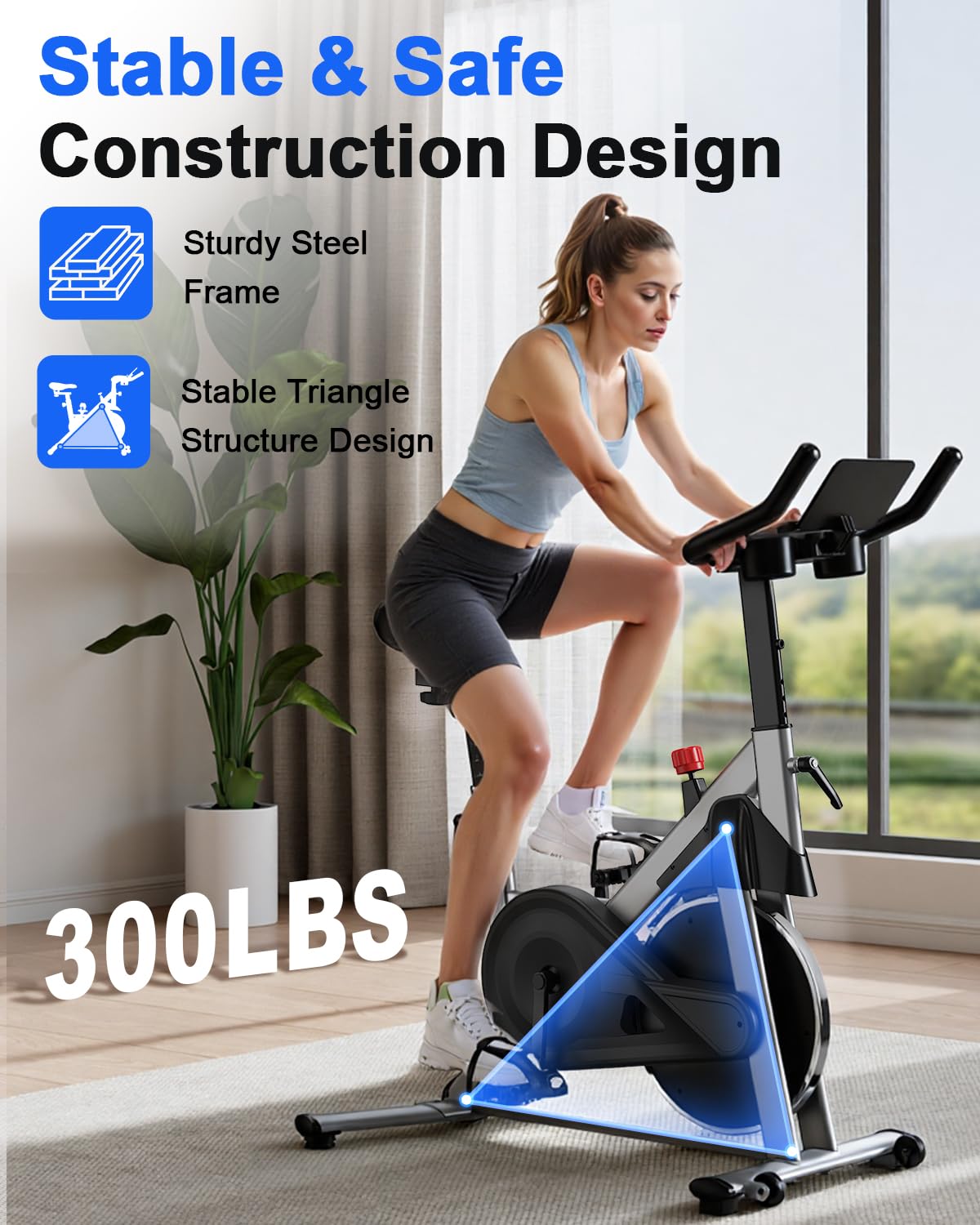 Superun Exercise Bike, Stationary Bikes for Home with Brake Pad, Low Noise Spin Bike with 300LBS Weight Capacity, Indoor Cycling for Home Gym with Pad Mount LCD Monitor and Cup Holder
