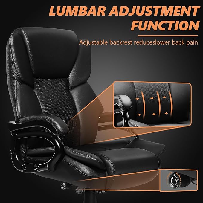 Indulgear 500lbs Big and Tall Office Chair with Dual Rubber Wheel, Heavy Duty Office Chair for Low Back Pain Relief, Large Executive Desk Chair with Adjustable Lumbar Support