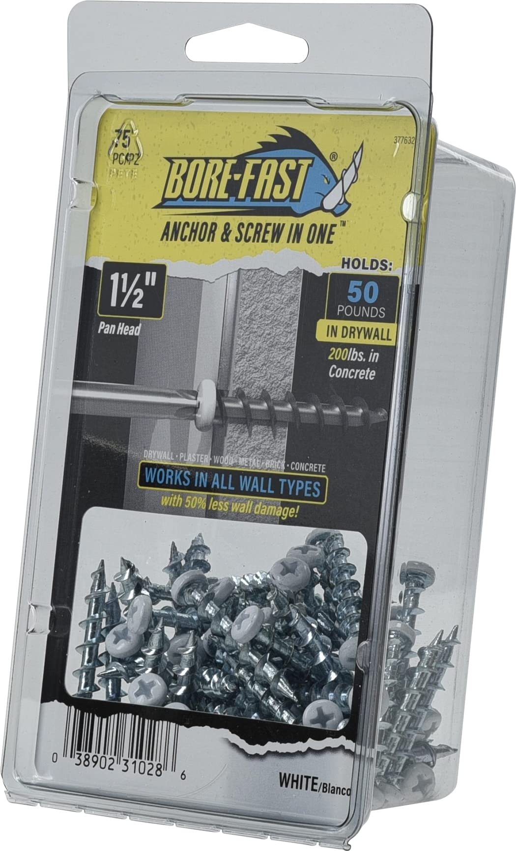 Hillman Borefast Drywall Anchors, Holds 50 Pounds in Drywall and 200 Pounds in Concrete, 1 1/2" Pan Head, White, 75-Pack, 377632