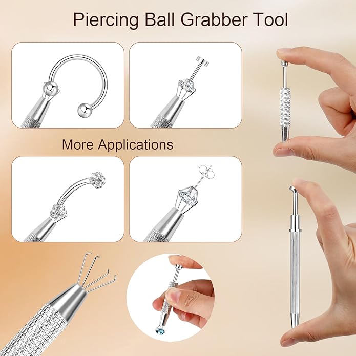 ONESING 2Pcs Piercing Ball Grabber Tool for Changing Jewelry, Stianless Steel Flat Back Earring Applicator Internally Threaded Push Pin Piercing Grabber Tool, Anti Slip 4 Claw Gem Ball Grabber Tool