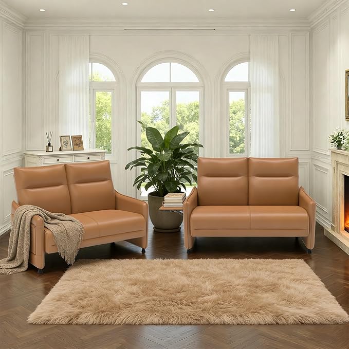 Tbillionnext Faux Leather Loveseat, Upholstered Loveseat with Hidden Foldable Tray & Side Pocket, Rear Contour Arm Design, Modern 2-Seater Sofa Couch for Small Spaces, Bedroom, Brown