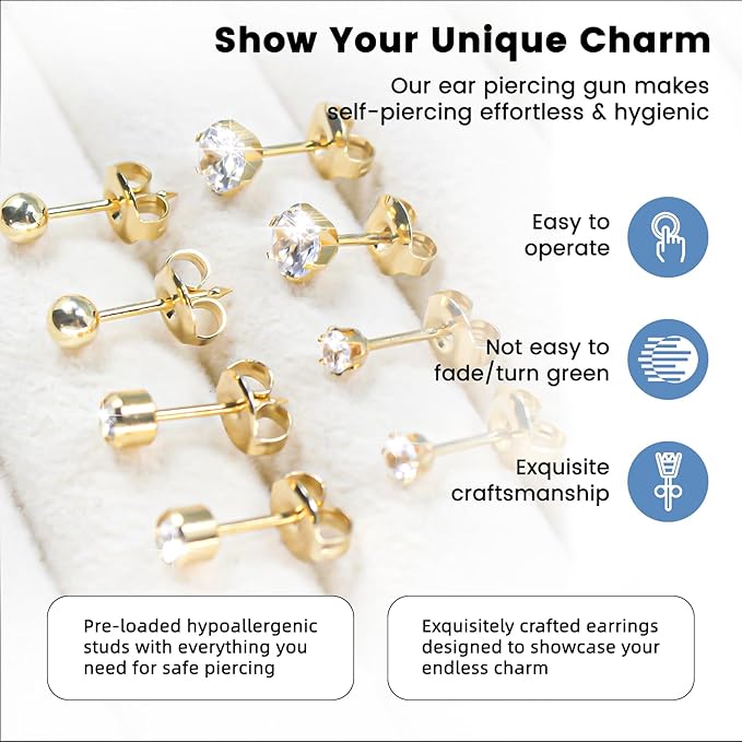 Get the Perfect Ear Piercing with 24Pcs Premium Ear Piercing Kit - Includes 8 CZ Stones Earrings and 8 Easy-to-Use Self Ear Piercing Gun - Safe and Painless - Style 1