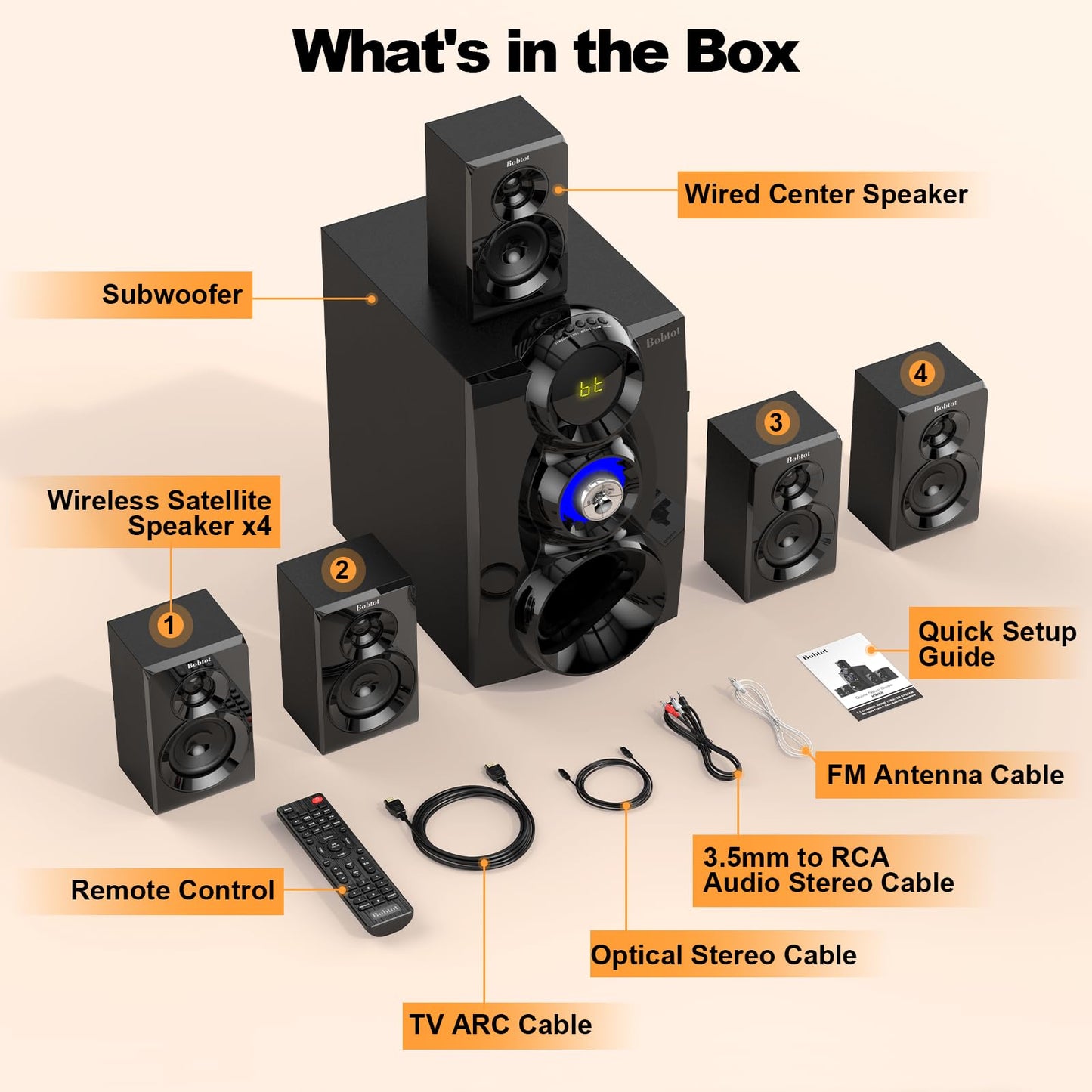 Bobtot Wireless Surround Sound System Home Theater System, 1000W Surround Speakers 8" Subwoofer 5.1/2.1 Channel Deep Bass with ARC Optical Bluetooth Karaoke Input