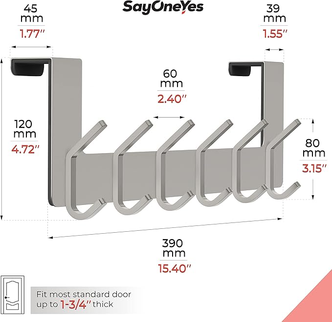 Brushed Nickel Over The Door Hooks, Heavy Duty Stainless Steel Door Hanger with 6 Double Hooks for Hanging Towels, Coats, Robes, Hats, Bags, No Drill Over Door Towel Rack for Bathroom, Bedroom, 2 Pack