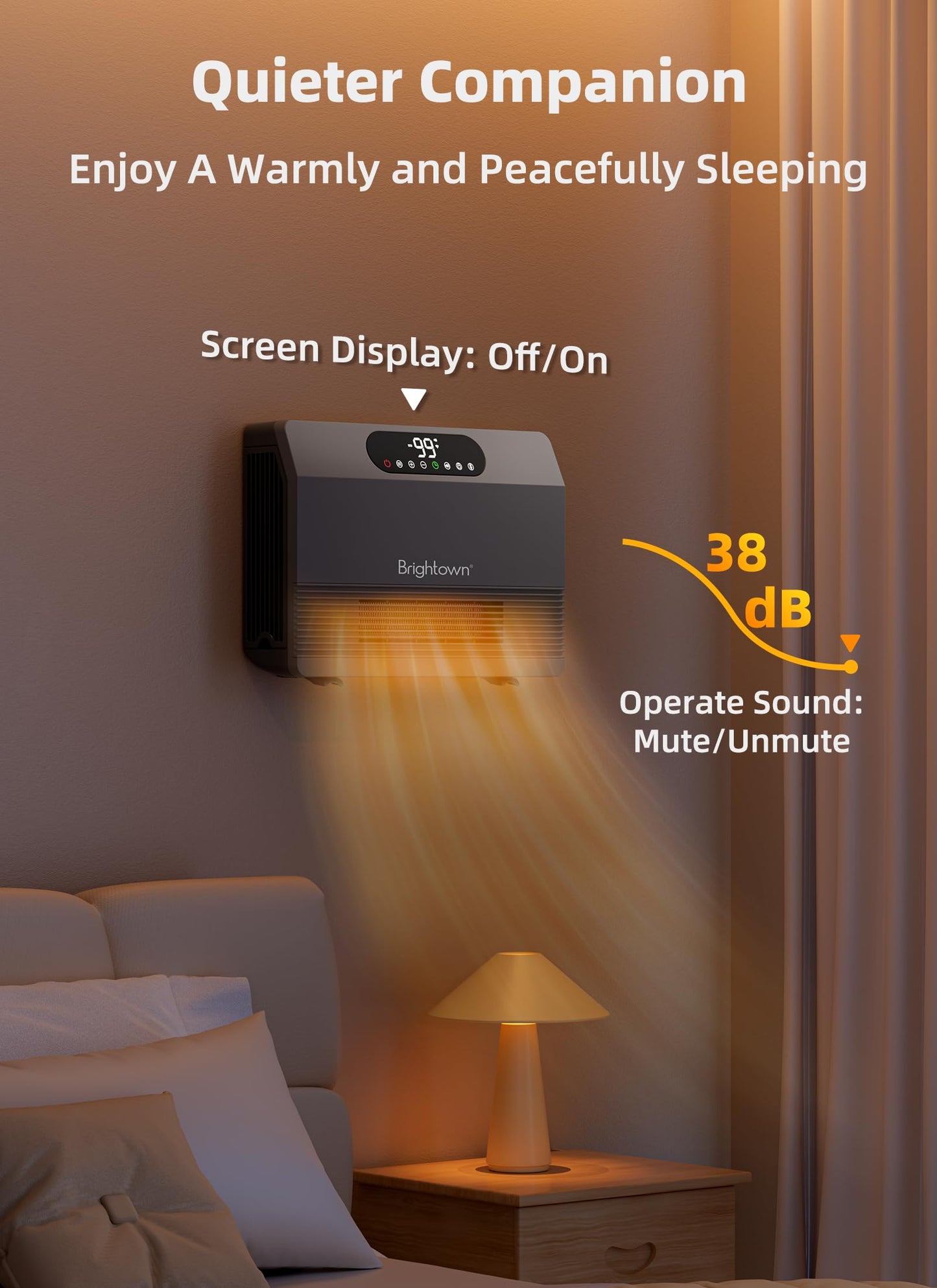 Brightown Smart Wall Heater, 1500W Electric Space Heater for Indoor Use, 5 Optional Modes, Adjustable Thermostat, Remote Control, Energy Efficient Easy-Mount Heater for Bedroom, Works with Alexa, Grey