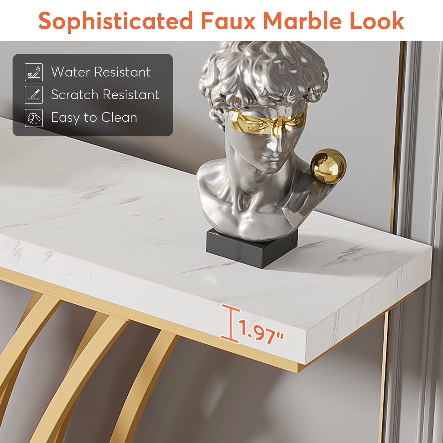 Tribesigns 59 inch Gold Console Table, Modern Entryway Table with Grid-Shaped Metal Base for Entrance, Hallway, Entryway, Living Room(White Faux Marble & Gold)