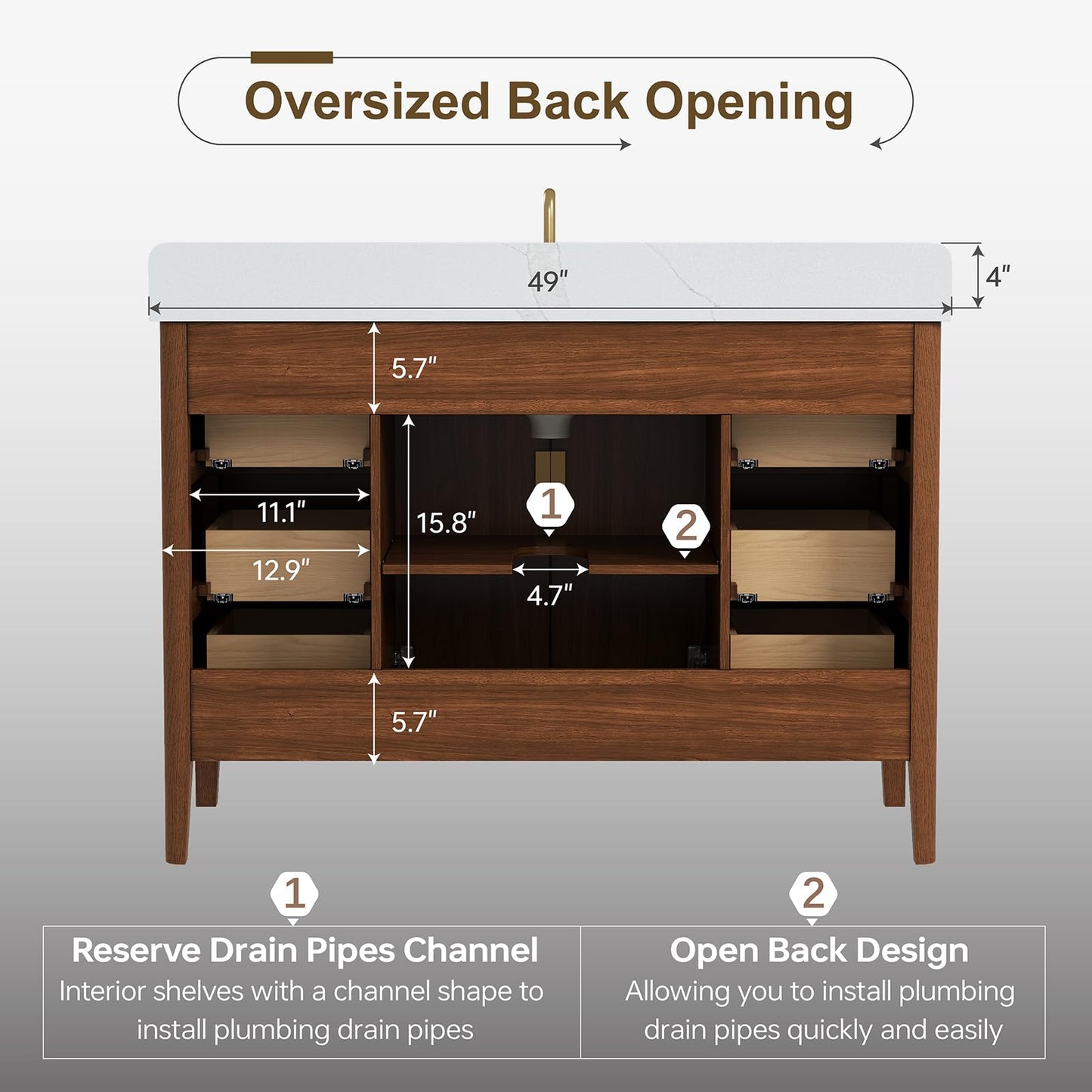 DELUXE LIVING 48 Inch Walnut Bathroom Vanity with Sink, Fully Assembled Solid Wood Bathroom Vanities with Soft Close Parquet Doors, Full Extension Dovetail Drawers, Calacatta Quartz Top & Backsplash