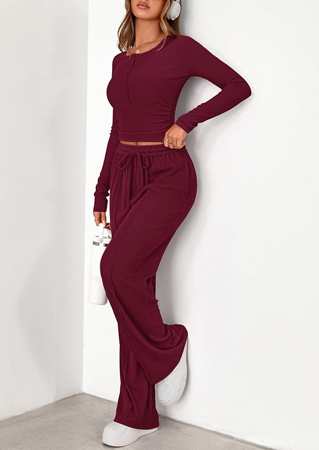 PRETTYGARDEN Women's 2026 Fall Trendy 2 Piece Outfits Lounge Sets Long Sleeve Top Henley Shirts Wide Leg Pants Travel Clothes