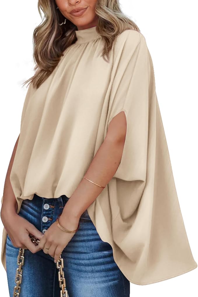 BTFBM Womens Summer Tops 2026 Mock Neck Batwing Sleeve Shirts Loose High Low Hem Oversized Dressy Casual Spring Blouses