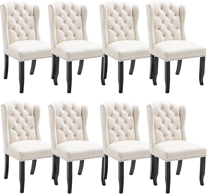 DUOMAY Modern Tufted Dining Chairs Set of 8, Velvet Upholstered Dining Room Chairs Armless Guest Side Chair for Kitchen Dining Room, Wingback Accent Chairs with Solid Wood, White
