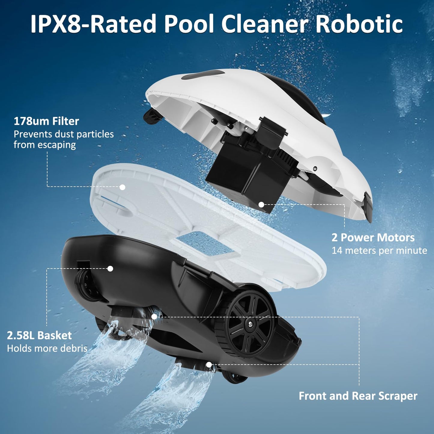 TCEUMIK 130 Mins Runtime Cordless Robotic Pool Cleaner Portable Lightweight Automatic Vacuum Self-Parking 5200mAH Fast Charging Powerful for Above-Ground Swimming Pool up to 861Sq.ft (White)