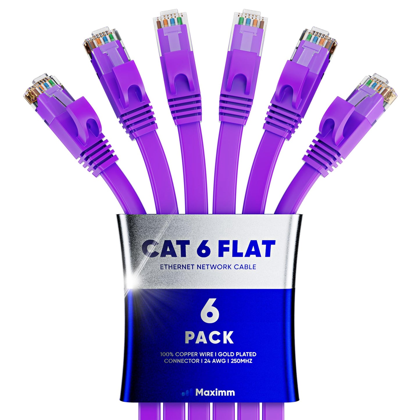 Cat6 Ethernet Cable 1.5Ft, 6-Pack Purple - Flat High-Speed Network Cables For Gaming, Streaming, Router, Modem, Pc, Ps5, Xbox -