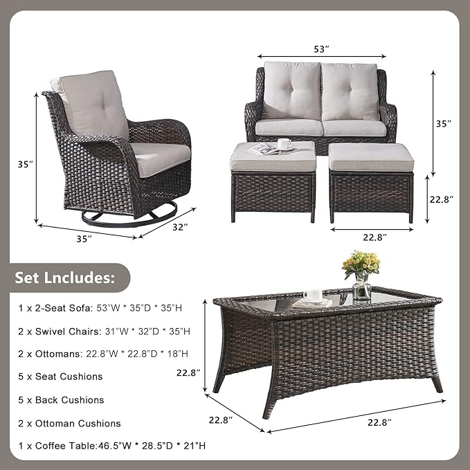 Rilyson Wicker Patio Furniture Set - 6 Piece Rattan Outdoor Sectional Conversation Sets with 2 Swivel Rocking Chairs,2 Ottomans,1 Loveseat and 1 Coffee Table for Porch Deck Garden(Brown/Beige)