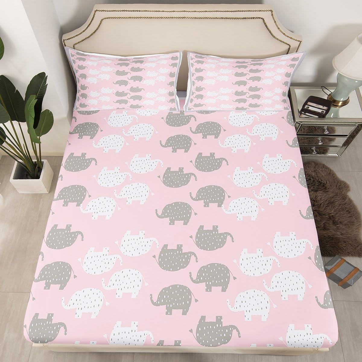 Castle Fairy Kawaii Elephant Fitted Sheet Twin Size,Cute White Gray Elephant Silhouette Soft and Luxury Sheet Set,Cartoon Pink Animals Grid Bedding All Round Elastic Pocket,for Kids Boys Room