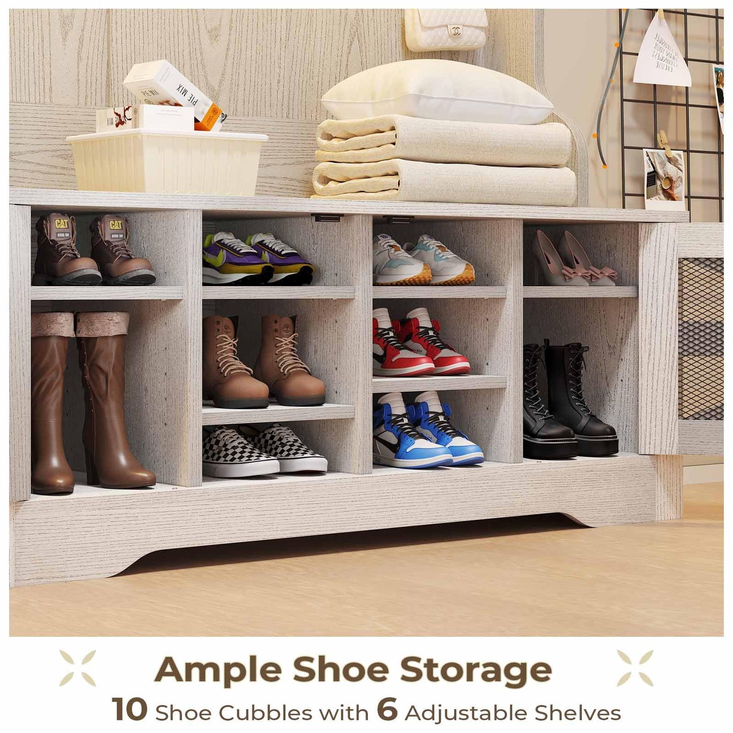 Itaar Hall Tree with Bench and Shoe Storage, 5-in-1 Entryway Bench with Coat Rack, 10 Shoe Cubbies & 9 Coat Hooks, Barn Door & Adjustable Shelf (Embossed White)