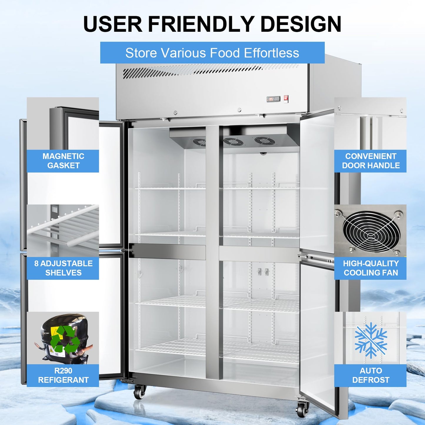 Ferueo Commercial Refrigerator 48" W 4 Door Stainless Steel Reach-in Solid Door Upright Fridge Fan Cooling 36 Cu.ft Refrigerators 32-47°F for Restaurant, Bar, Shop